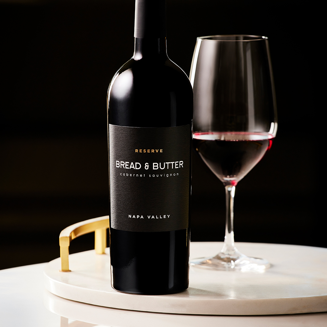 Bread & Butter Reserve Napa Valley Cabernet Sauvignon on a marble tray with gold handles