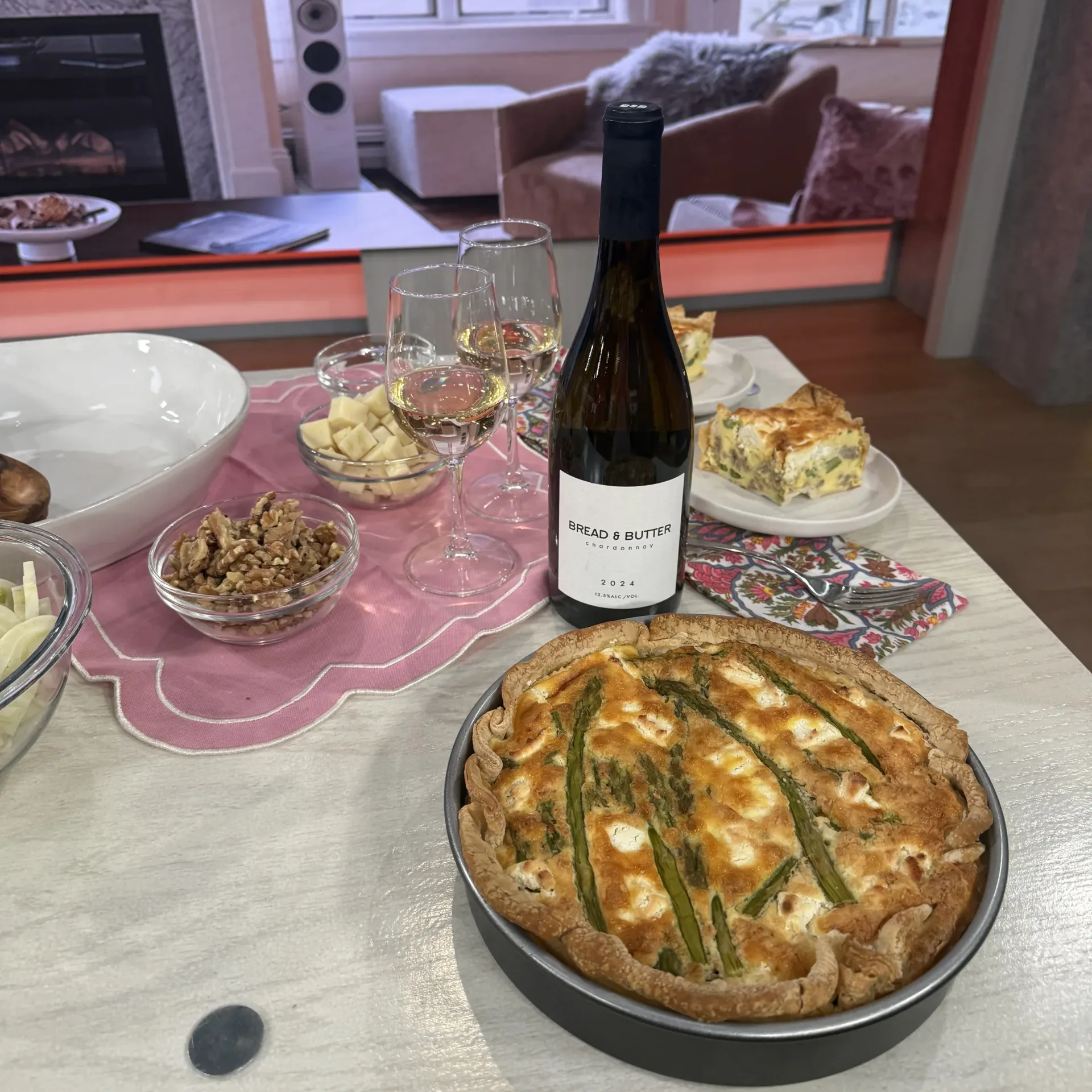 Bread & Butter Chardonnay placed next to Ashton's cheesy quiche recipe.